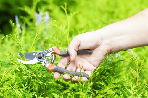 Careful edging and mowing in a Monken Hadley property garden